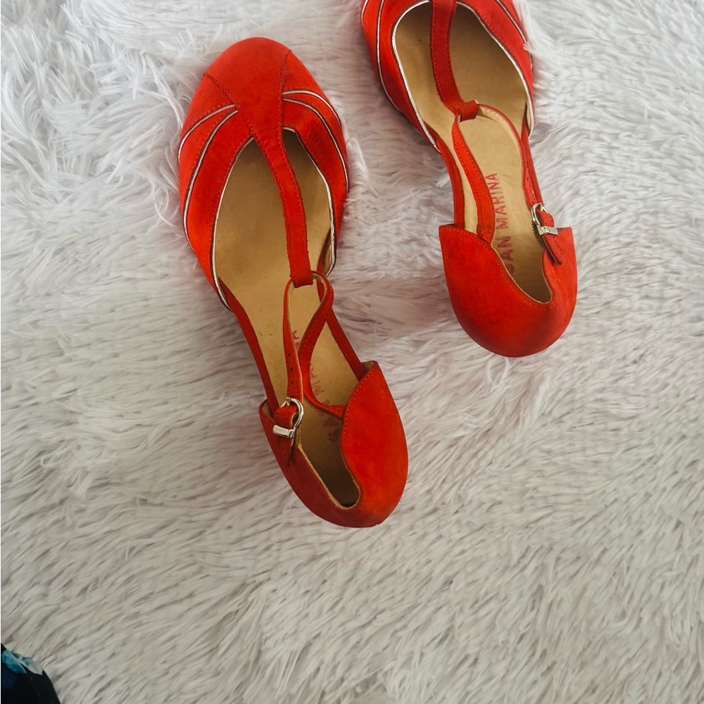 Red Suede Flats with T-Strap Design